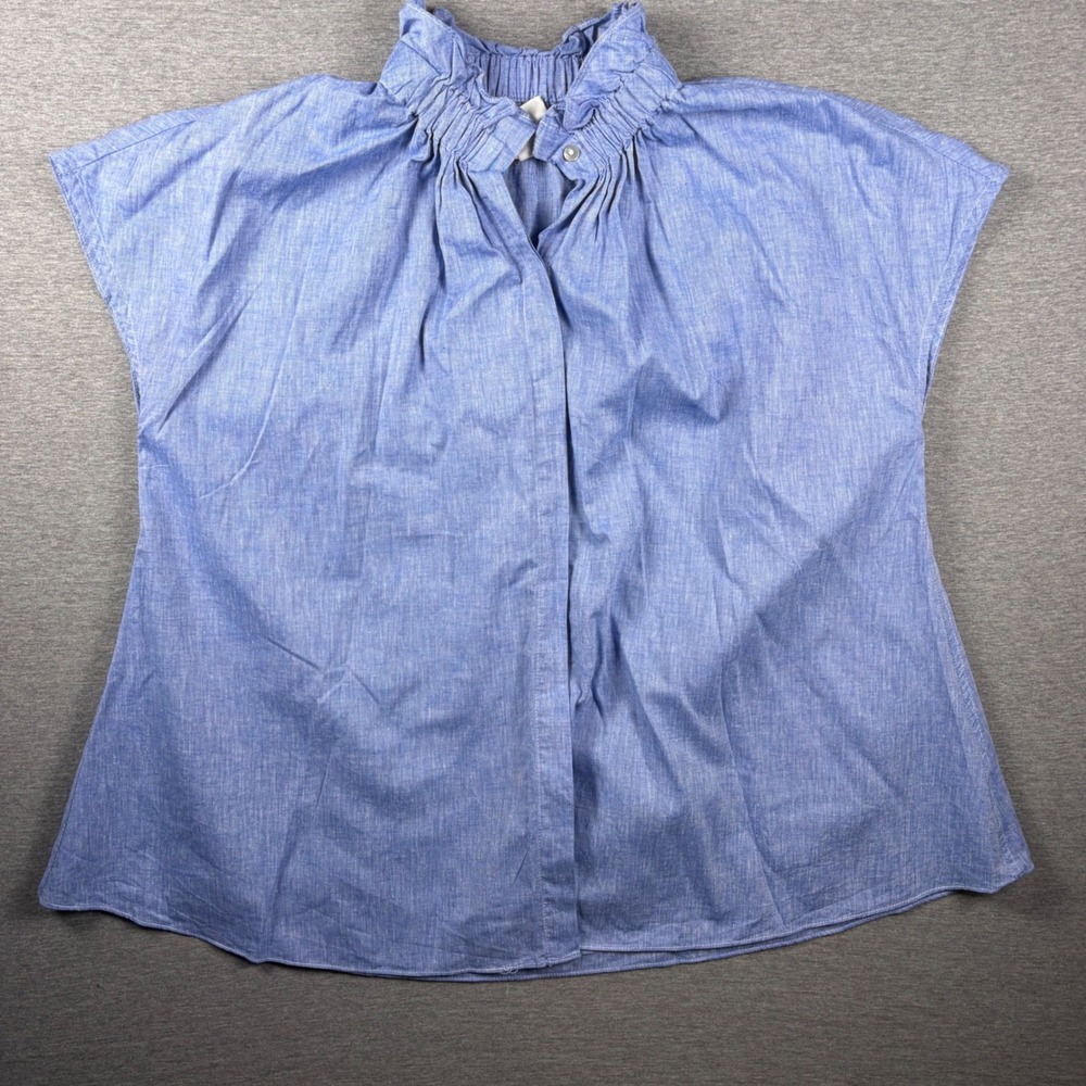 Pomander Place Rae Top Womens XS Blue Ruffle Neck Cotton Linen Blend Cap Sleeve